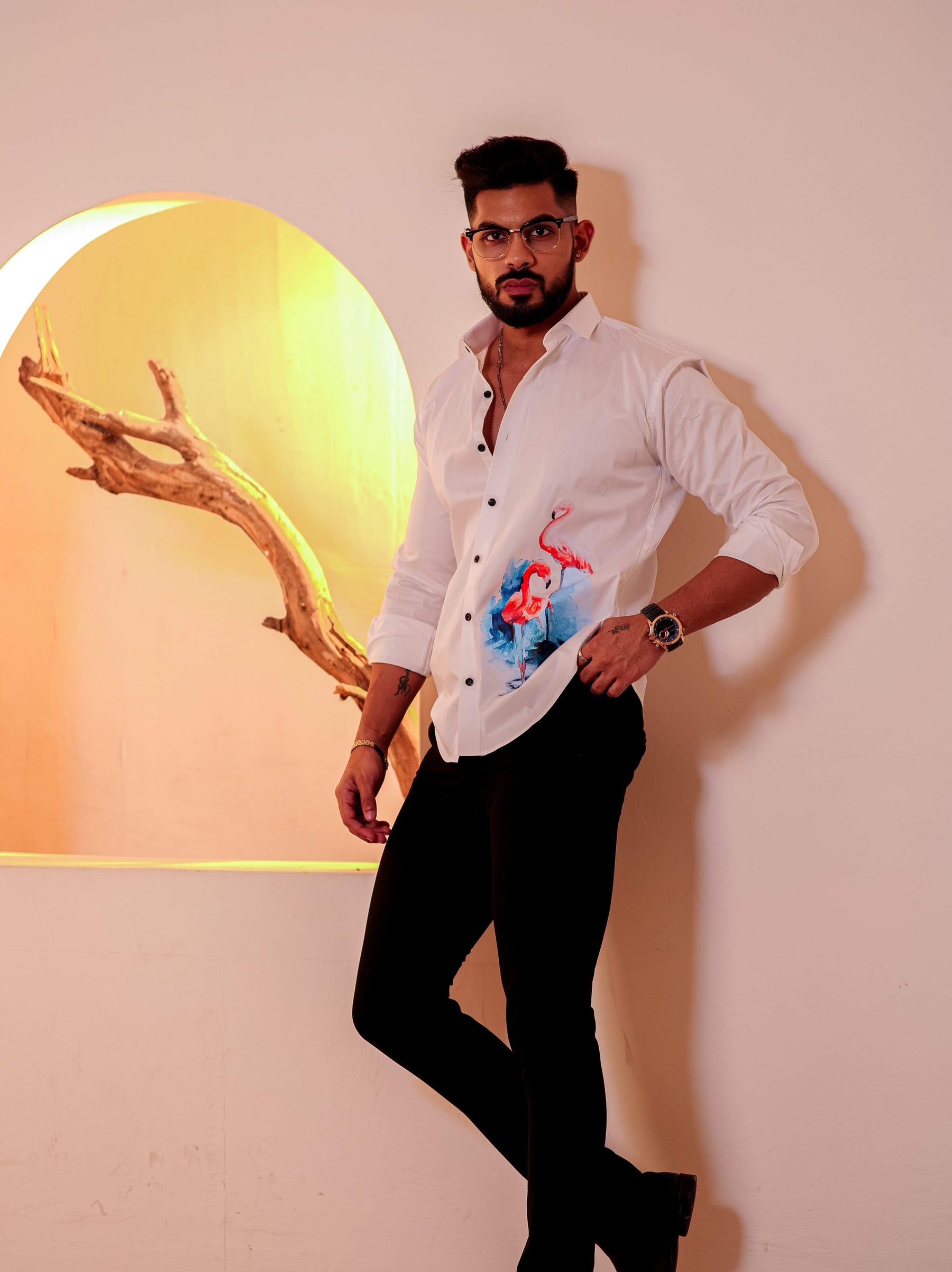 White Club Wear Printed Satin Cotton Shirt