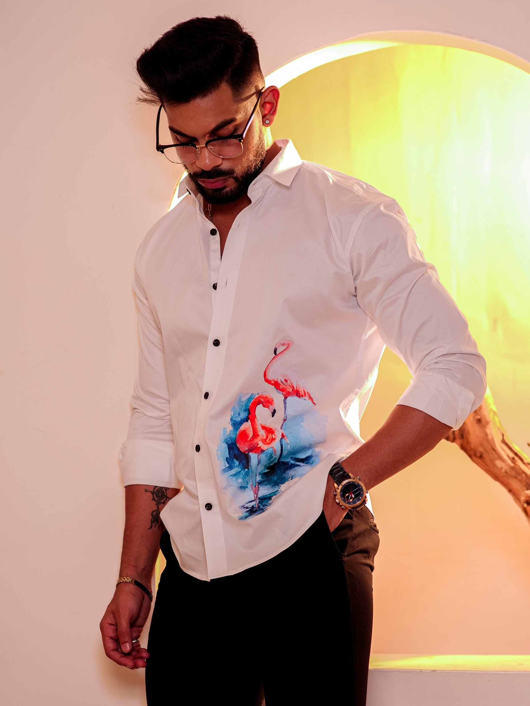 White Club Wear Printed Satin Cotton Shirt