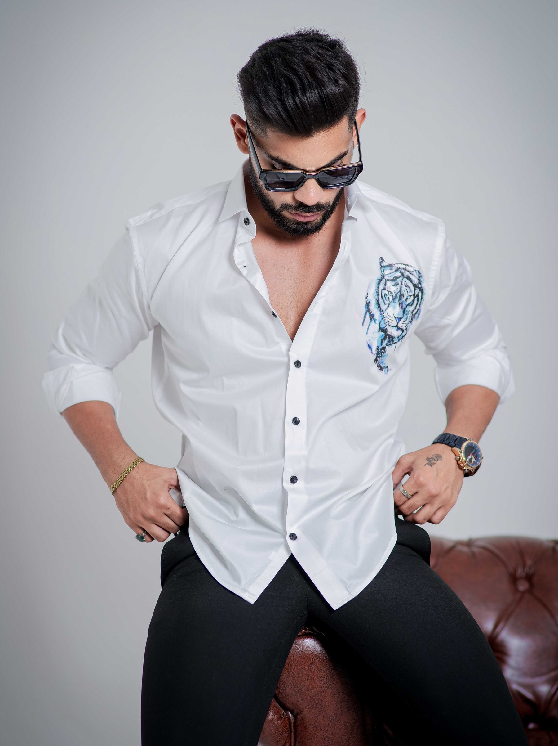 White Club Wear Printed Satin Cotton Shirt