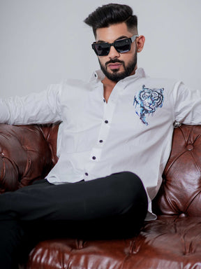 White Club Wear Printed Satin Cotton Shirt