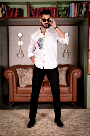 Lord Krishna White Club Wear Printed Satin Cotton Shirt