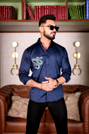 Navy Starry Beaded Club Wear Printed Satin Cotton Shirt