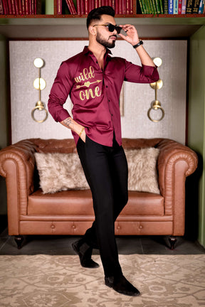 Maroon Wild One Glitter Luxury Shirt For Men's