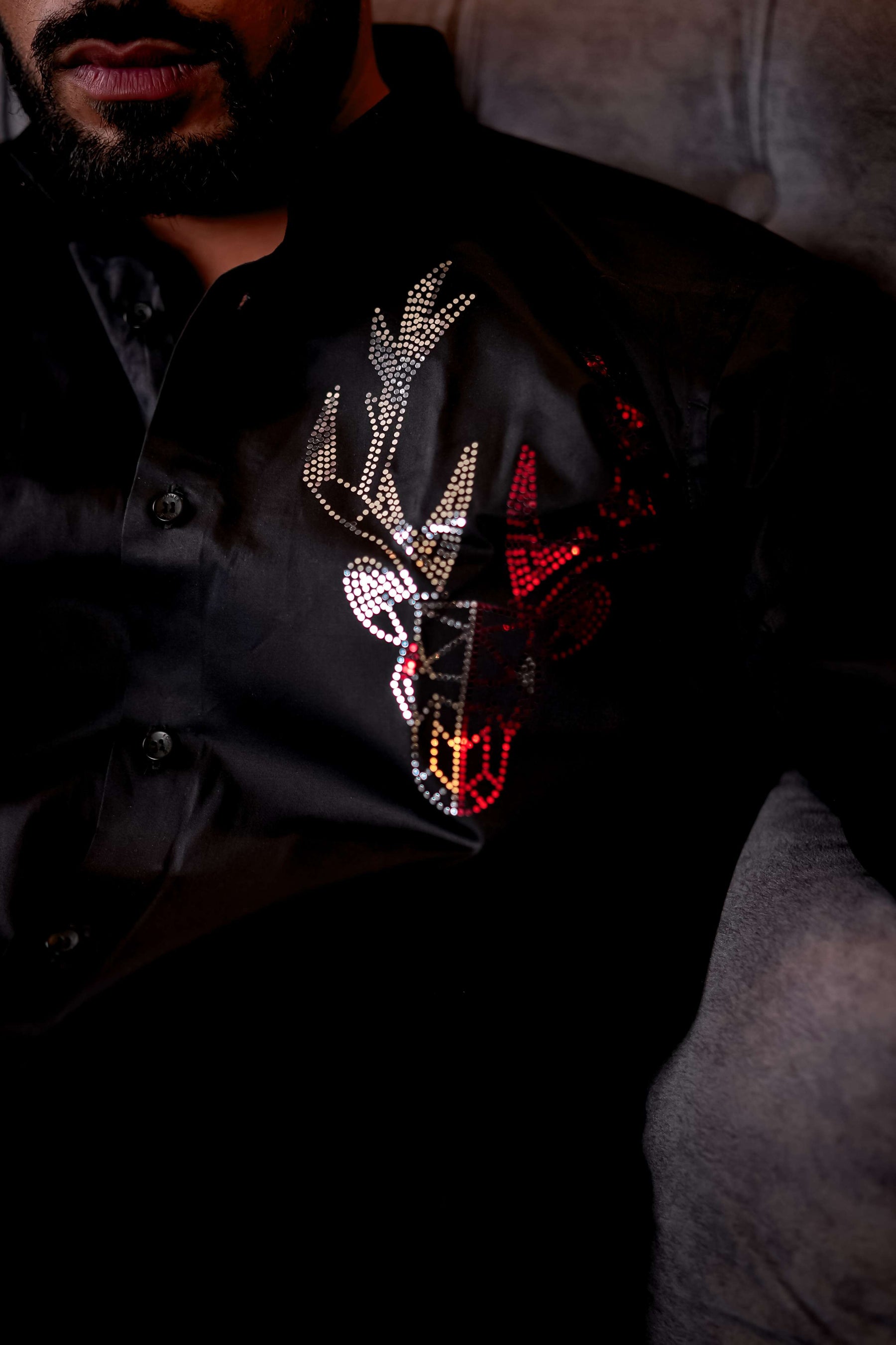 Black Sequence Deer Club Wear Printed Satin Cotton Shirt