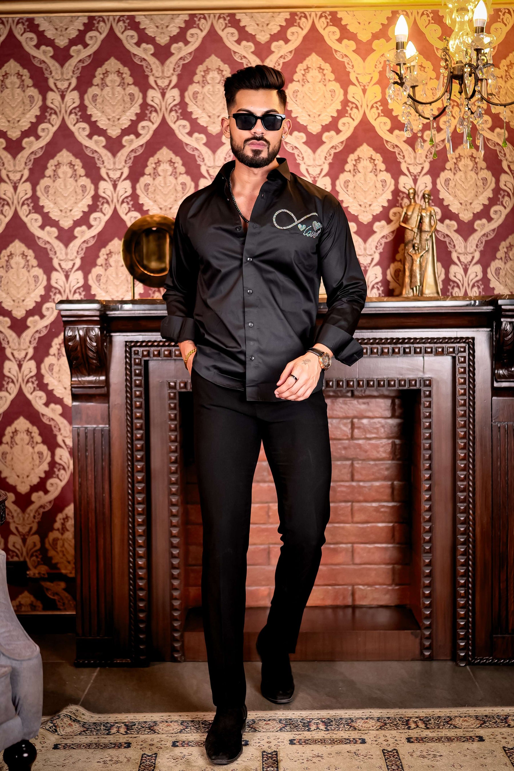 BLACK STARRY BEADED SATIN COTTON PREMIUM PARTY SHIRT