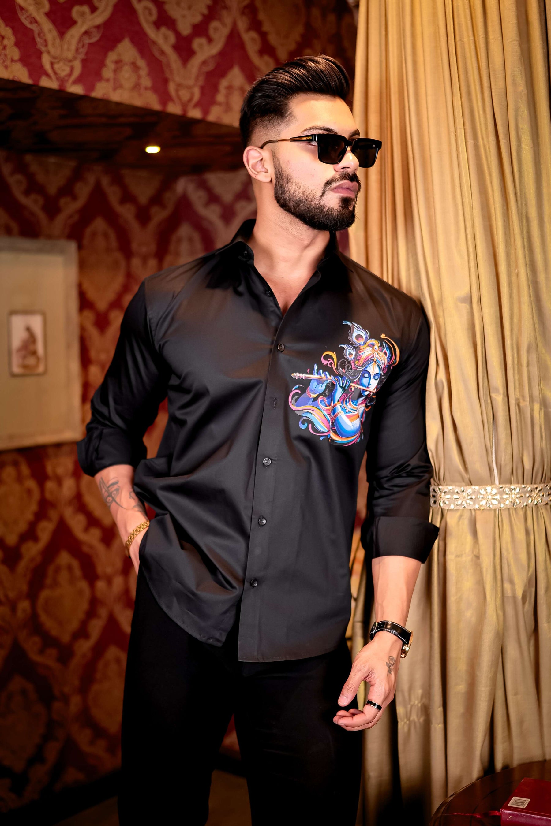 Black Lord Krishna Club Wear Printed Satin Cotton Shirt