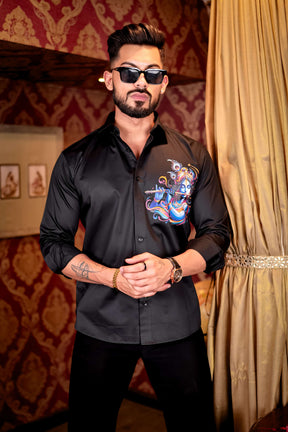 Black Lord Krishna Club Wear Printed Satin Cotton Shirt