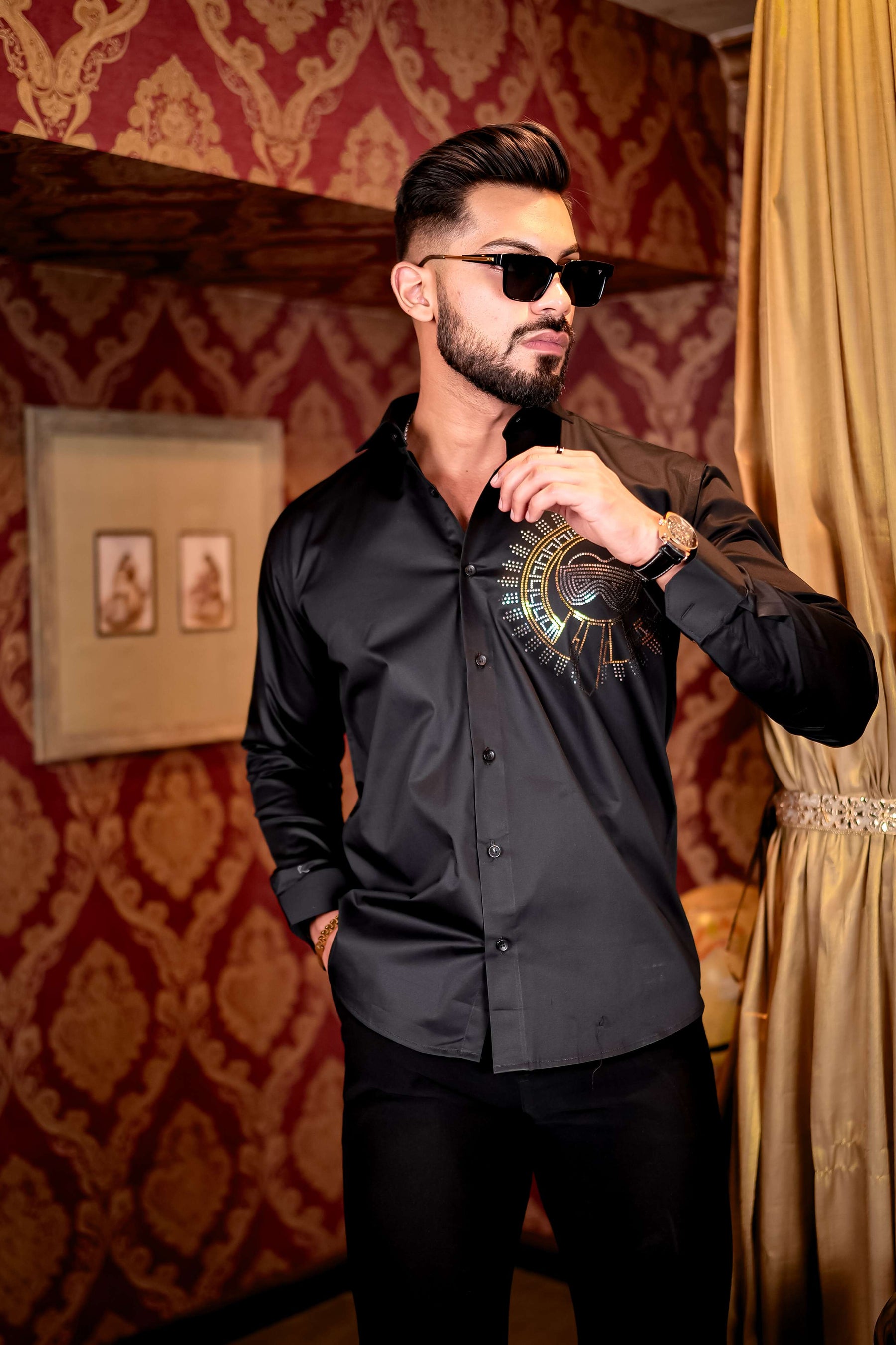 Black Club Wear Satin Cotton Party Shirt