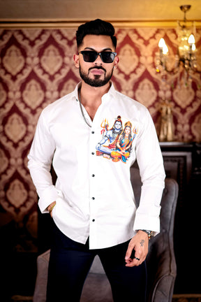 White Lord Adiparashakti Club Wear Printed Satin Cotton Shirt