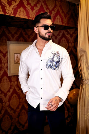 White Lord Shiva Club Wear Printed Satin Cotton Shirt