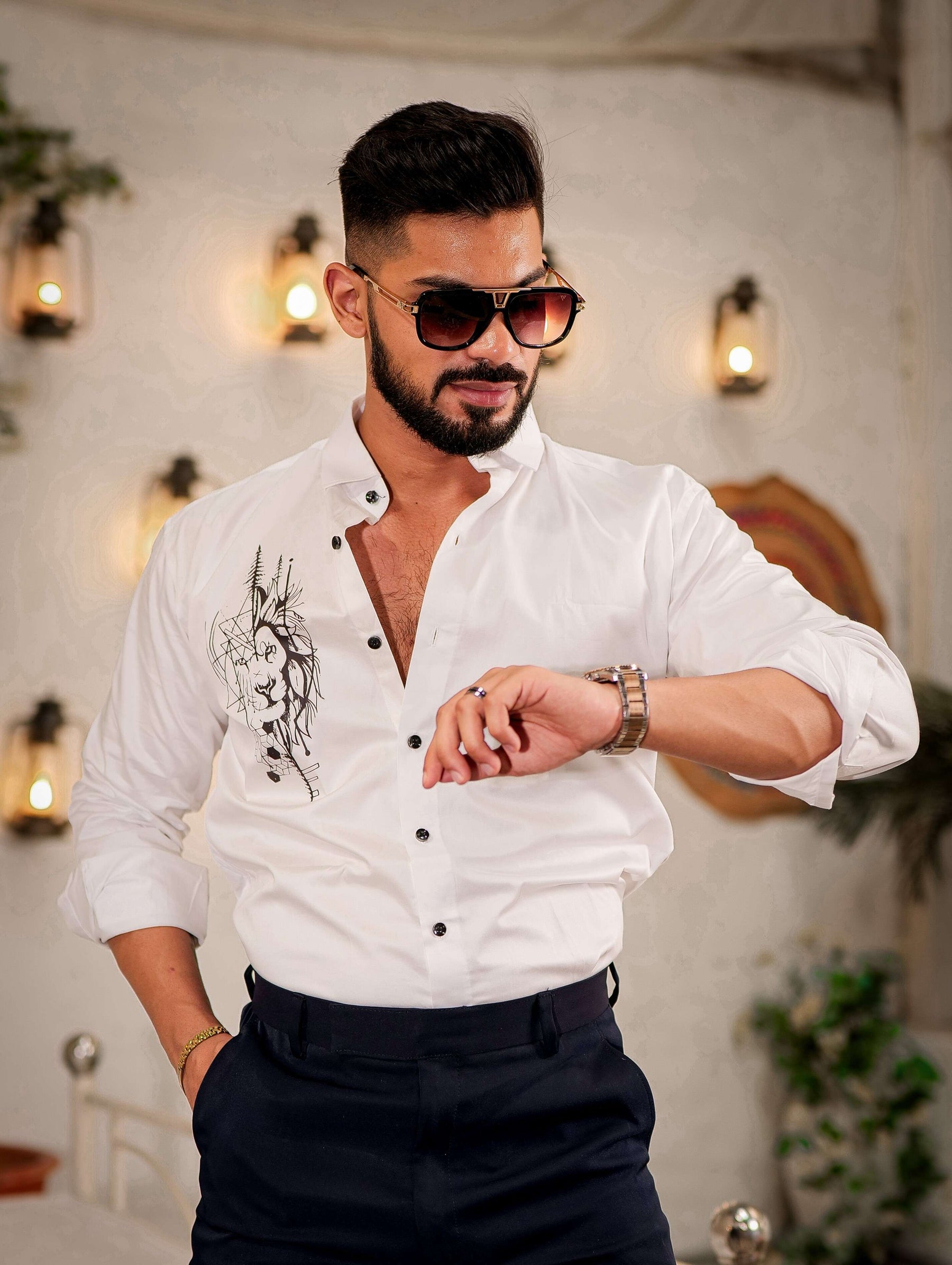 White Club Wear Printed Satin Cotton Shirt