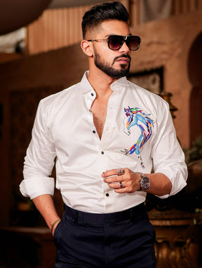 White Club Wear Printed Satin Cotton Shirt