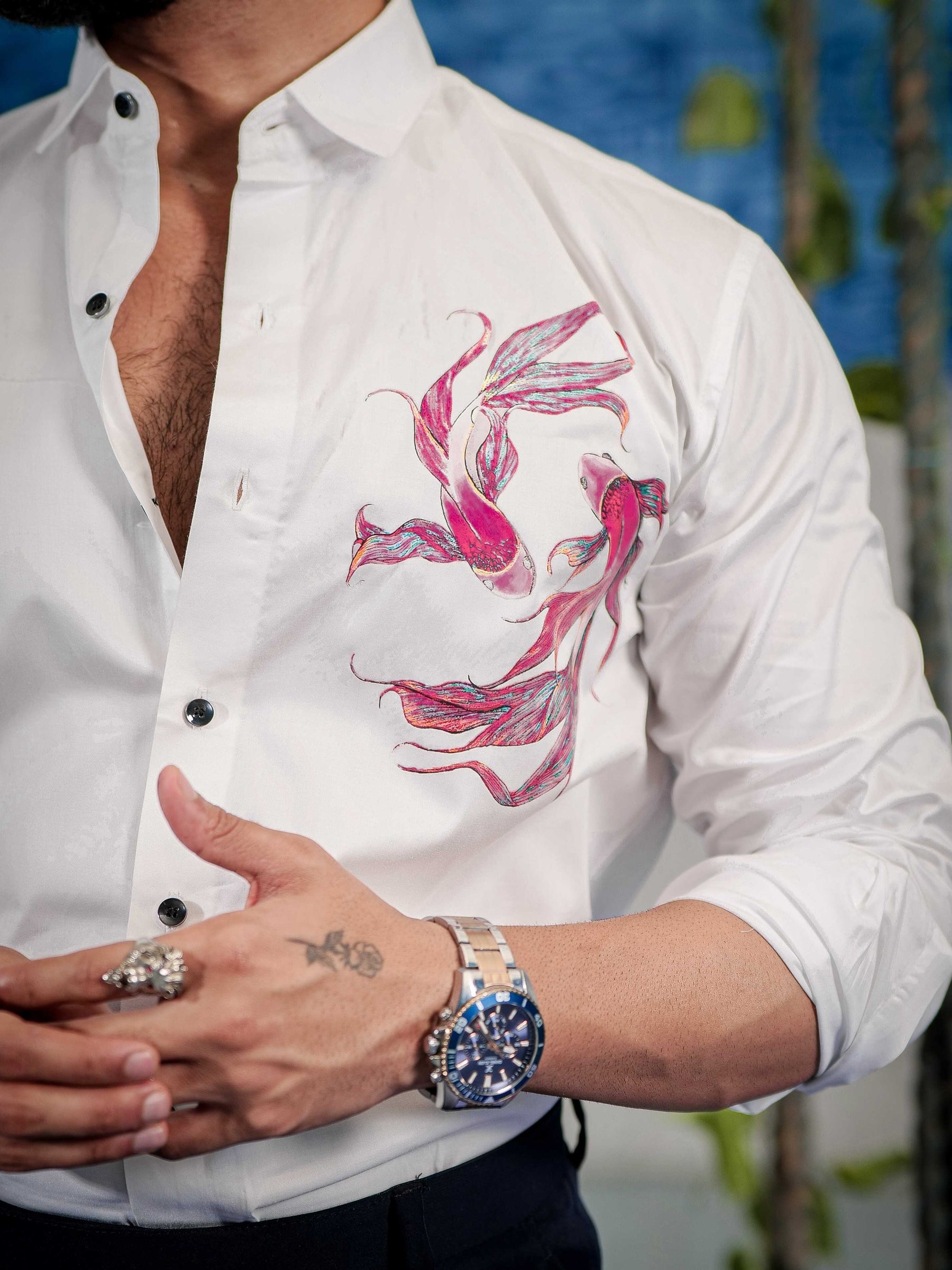 White Club Wear Printed Satin Cotton Shirt