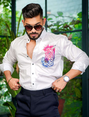 White Club Wear Printed Satin Cotton Shirt