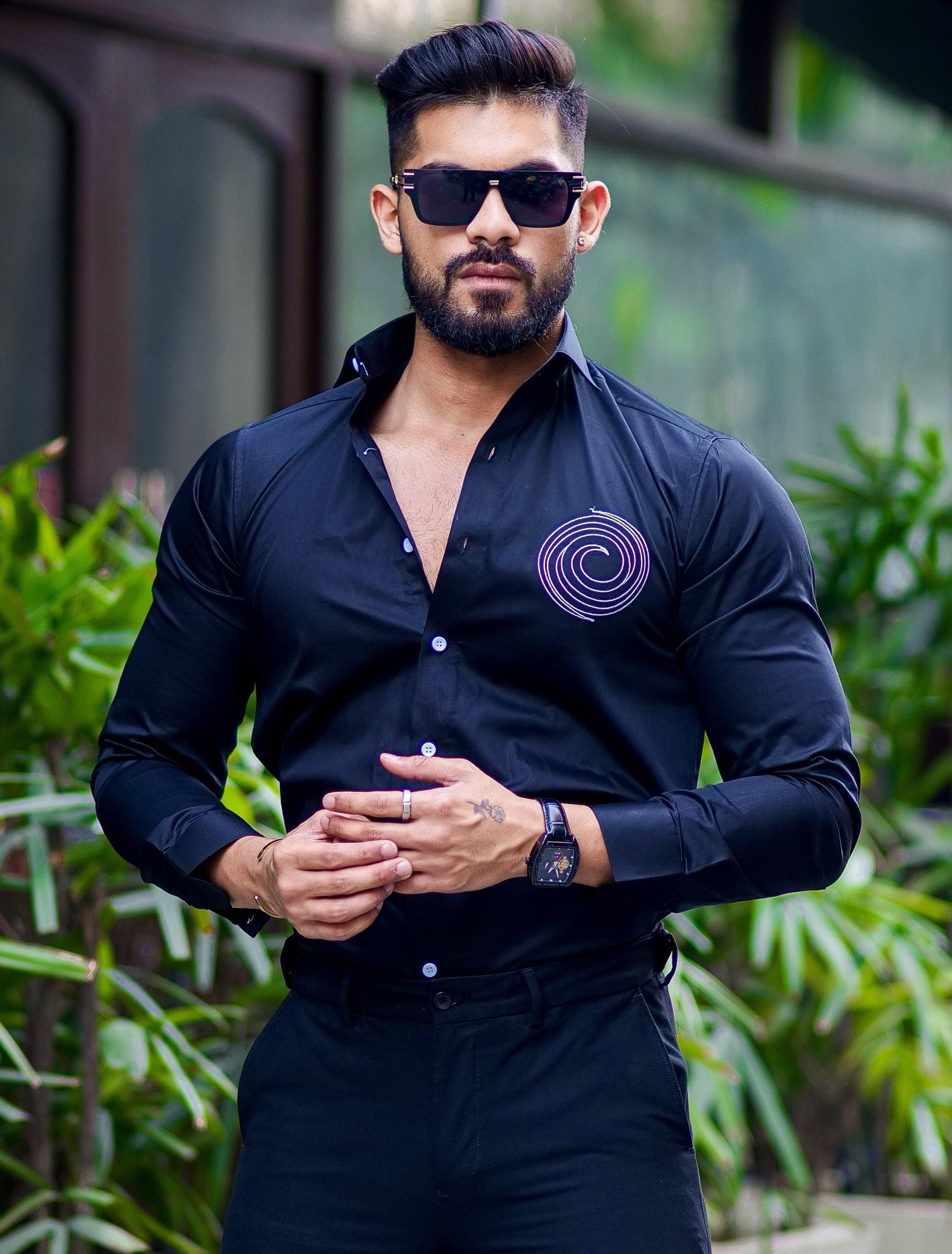 Round Embroidered Black Grey Premium Shirt For Men's