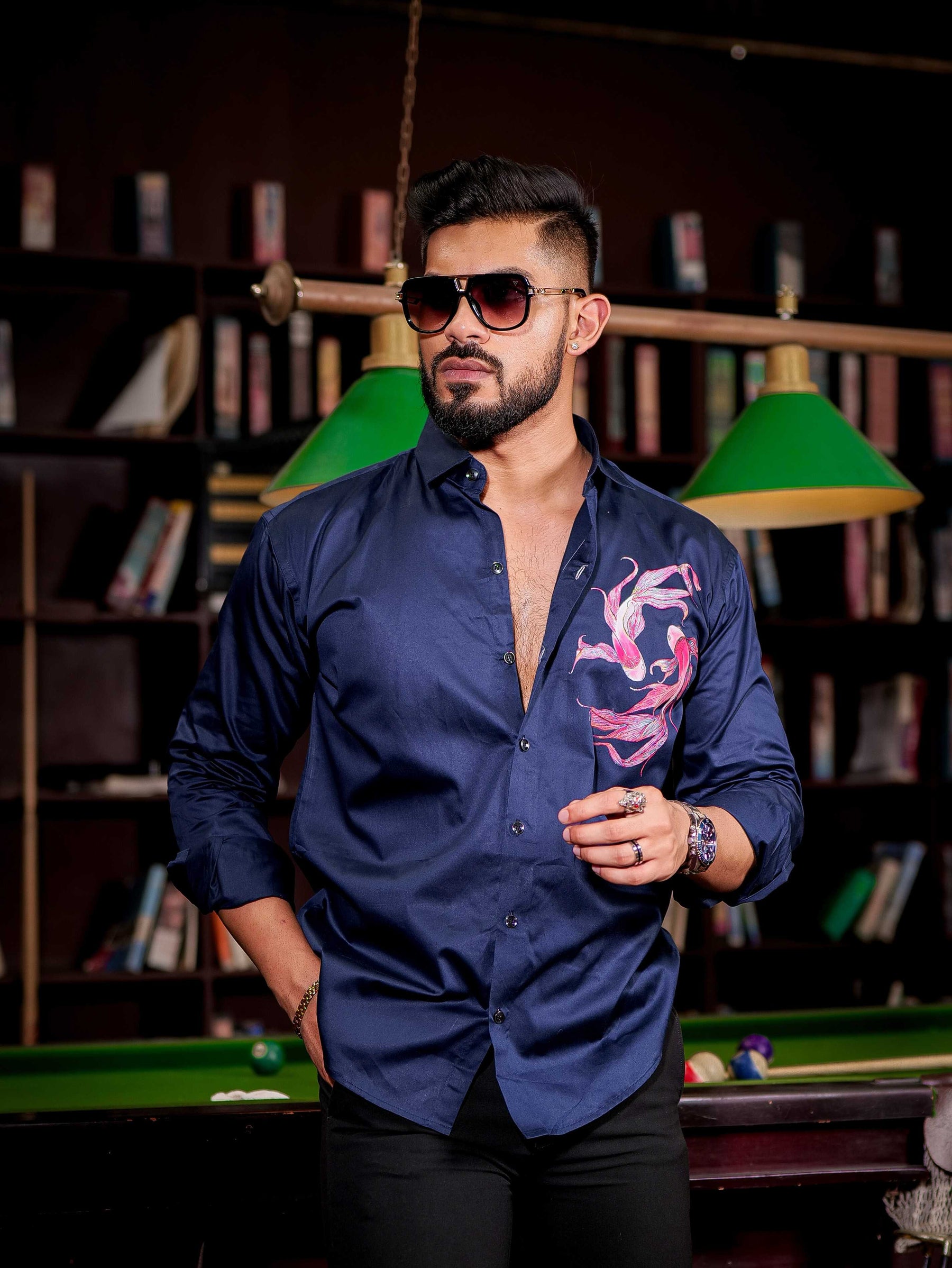 Navy Club Wear Printed Satin Cotton Shirt