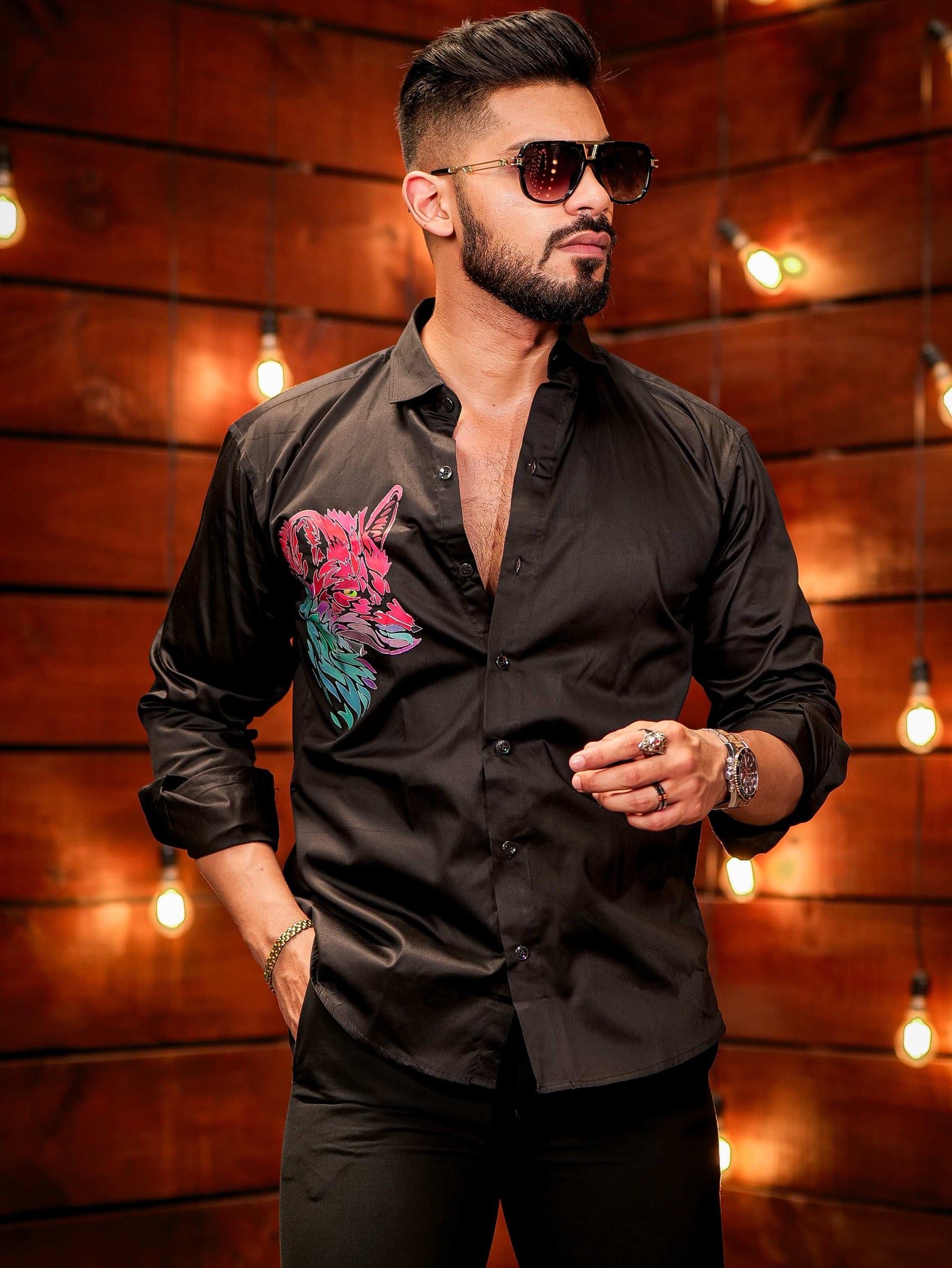 Black ClubWear Printed Satin Cotton Shirt