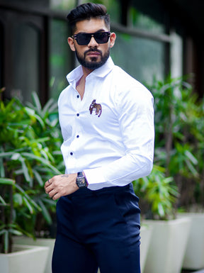 White Subtle Sheen Tiger Cub Embroidered Luxury Premium Satin Cotton Shirt